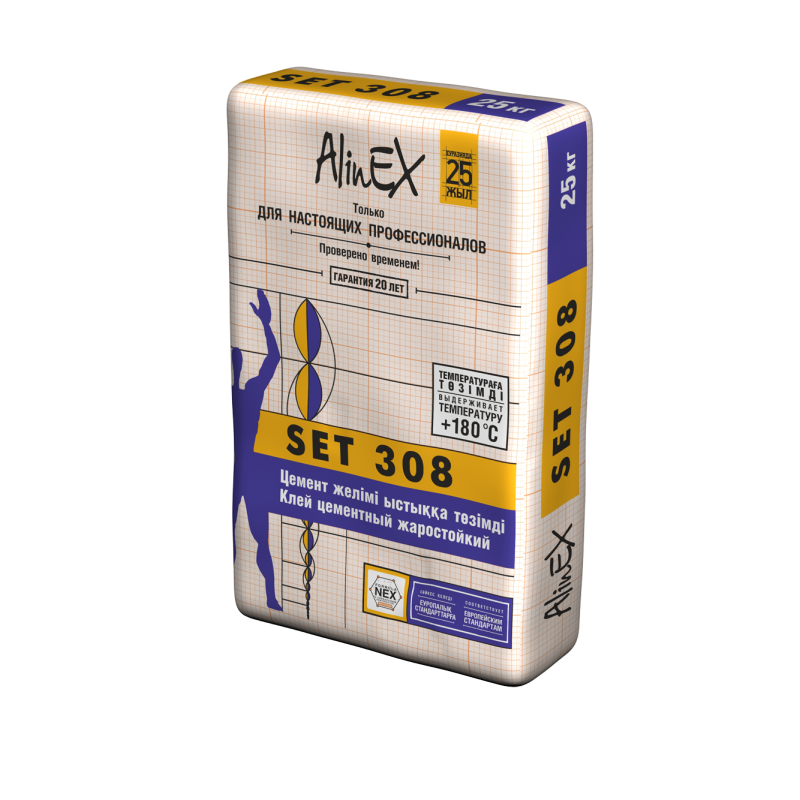 Цементный жаростойкий клей AlinEX «SET 308», 25 кг
