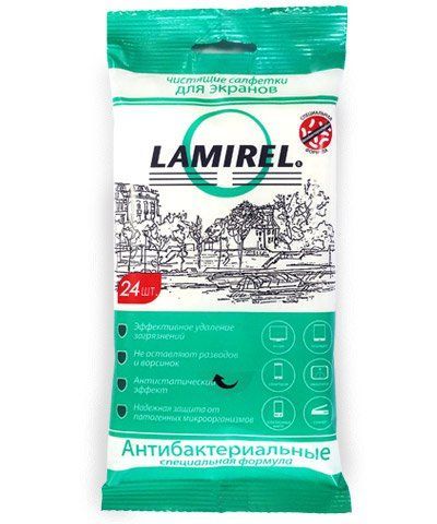 Антибактериальные чистящие салфетки Lamirel для экранов всех типов, 24 шт, еврослот, мягкая упаковка в Таразе.